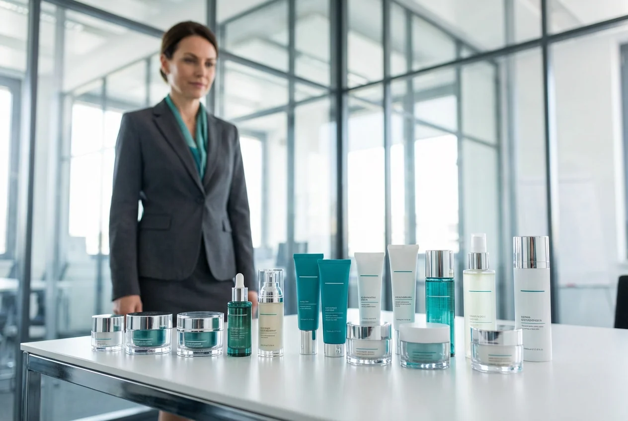 a business woman in front of a table with lots of cosmetic products. close view on the products