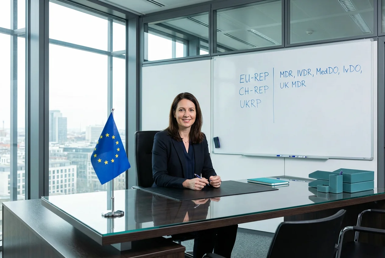 a business woman sitting on her modern desk. with an small EU-Flag Stand on the desk. some whiteboard on right side behind her. with the text line1: "EU-REP",line2: "CH-REP",line3: "UKRP" on the board. add a divider to the board and the following additíonal text next to the divider: "MDR, IVDR, MedDO, IvDO, UK MDR"